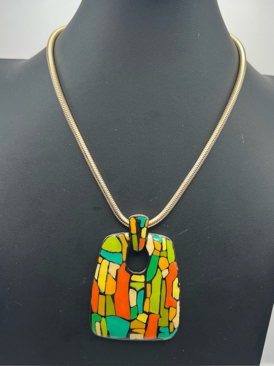 Eisenberg Jewelry - Eisenberg 60s/70s Modernist Enamel Pendant Necklace on Gold Tone Snake Chain